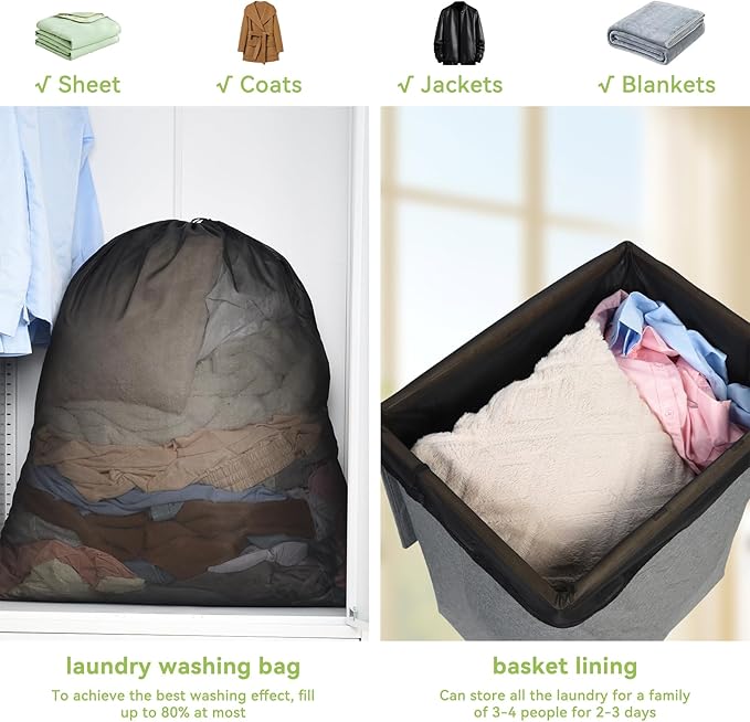 OTraki Ex-Large Mesh Laundry Bags 36x43 Inch Drawstring Laundry Bag 2 Pack Dirty Clothes Mesh Net Bag Heavy Duty Travel Storage Organize Bag for Hotel Beach,Don't Drying, Melting 140-176℉ Black