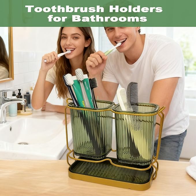 Christmas Green Toothbrush Holders for Bathrooms, 2 Cups Toothbrush Holders Wall Mounted, Bathroom Organizers and Storage, Bathroom Toothbrush Holder Set for Toothpaste Razors Toothbrush