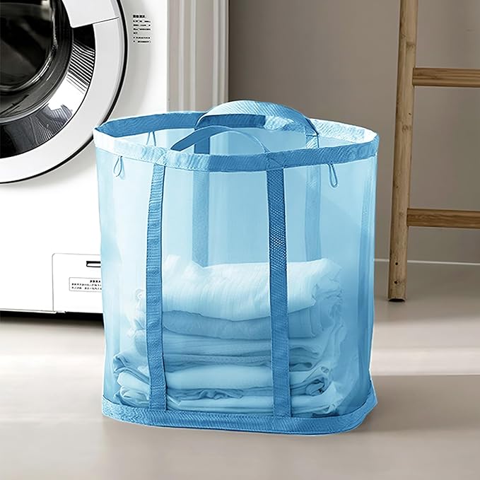 Mesh Bag with Handles, Collapsible Laundry Basket, Foldable Laundry Bag, Breathable Folding Beach Bag,Space-saving Travel Tote Bags (1, Blue)