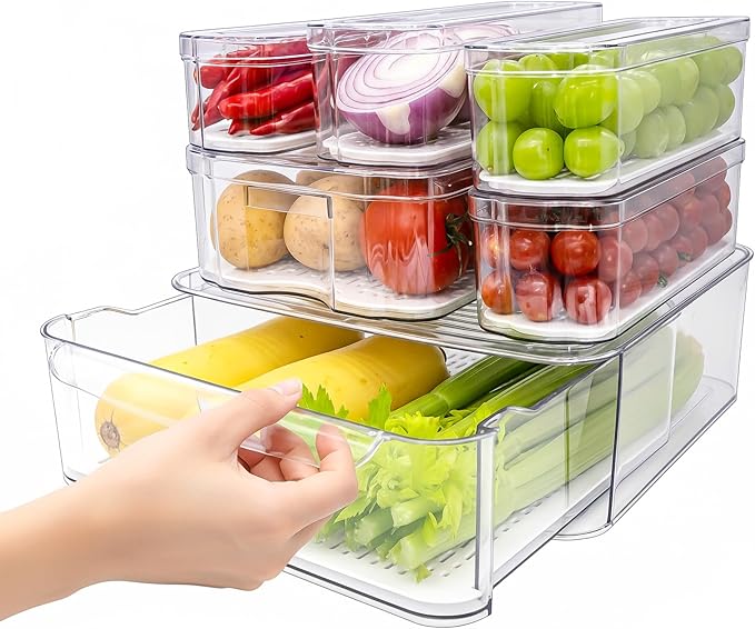 6 Pack Refrigerator Organizers, Clear Pull-out Drawer Container and Organizer Bins with Lids, Stackable Storage Containers for Fruits, Vegetable (Set of 6 (Include Pull Out Drawer))
