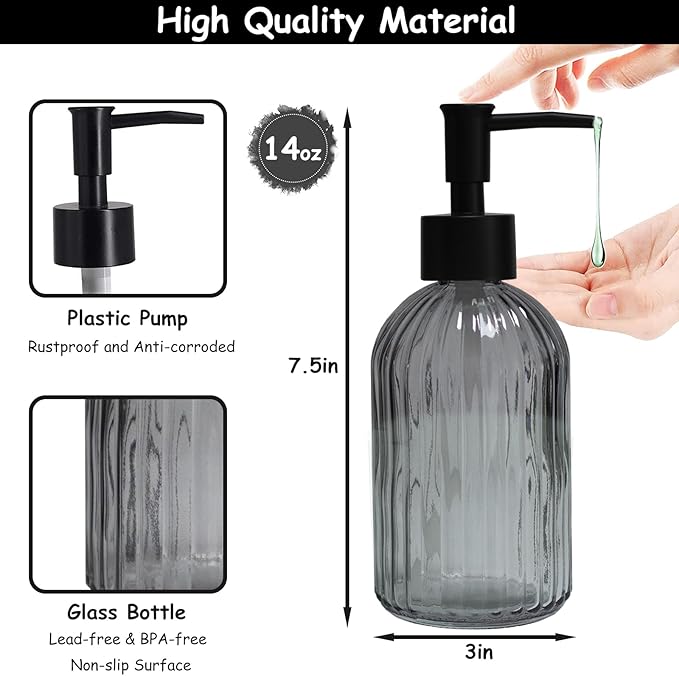 Gray Glass Soap Dispenser Set with Black Pump, 13.5oz Refillable Liquid Hand Soap Dispenser, Lotion Dish Soap Dispenser for Modern Home Decor, Bathroom, Kitchen Countertop, Hotel(2 Pack)