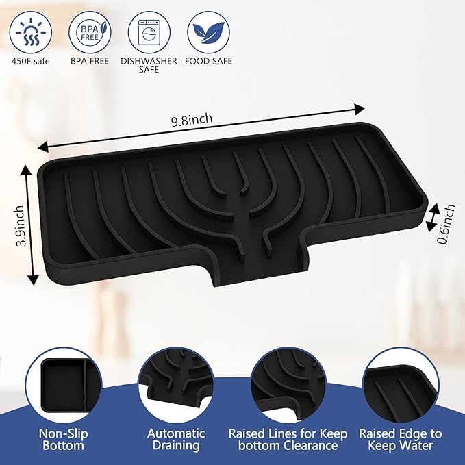Silicone Sponge Holder for Kitchen Sink With Drain Spout, Self Draining, Kitchen Soap Tray, Bathroom Organizer, Sink Caddy, Perfect for Dispenser, Scrubber, Bottle, Cup on Counter (Black, 10×4)