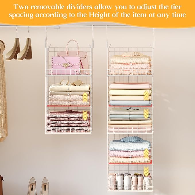 5 Tier Hanging Closet Organizer Separable Hanging Closet Shelves with 4 Hooks 2 Adjustable Dividers, Wire Storage Basket Bins for Clothing Sweaters Socks Dolls Handbags, Foldable