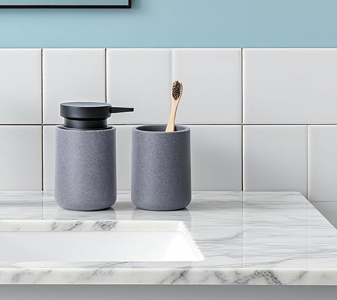 3 Pcs Bathroom Accessories Set, Liquid Soap Dispenser with Large Pump, Toothbrush Holder Cup and Soap Dish, Sandstone Texture Bathroom Counter Set for Modern Home (Gray)