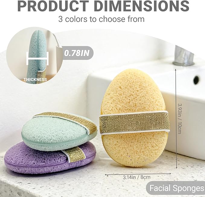 3PCS Facial Sponges Set, Soft Reusable Facial Sponges for Face Cleansing, Exfoliating, Makeup Removal, Colorful Cleaning Puff Wash Pads for Daily Face Wash(Blue Purple Yellow)