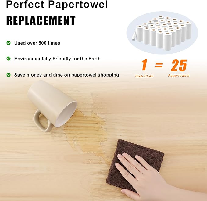Homaxy 12 Pack Kitchen Dish Cloths (10 x 10 Inches, Brown), Super Soft and Absorbent Coral Velvet Dish Towels, Nonstick Oil Fast Drying Microfiber Cleaning Cloth, No Lint Household Dishcloths