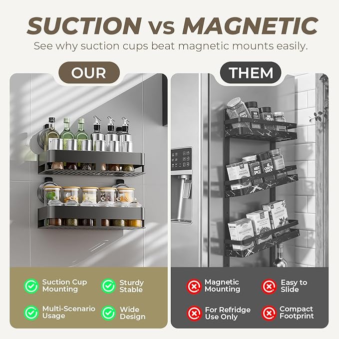 BREIS Suction Cup Spice Rack Organizer, Wall Mounted Spice Shelf for Kitchen, Hanging Seasoning Organizer, No Drill Spice Holder, Space-Saving Spice Organizer for Spice Jars and Seasonings (2 Pack)
