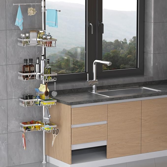 KEGII Shower Caddy Tension Pole with 2 Towel Bars, Adjustable Corner Bathroom Organizer, Rustproof Bathtub Storage Shelves for Shampoo, 25–114.2 Inch Shower Corner Rack for Renters & Family, Silver