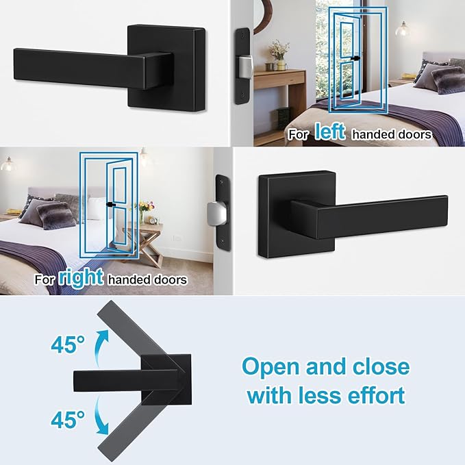 Estmoon 4 Pack Passage Door Knobs - Black Door Handle Interior Door Levers, Heavy Duty Non-Locking Locksets Hall Closet Handles, Reversible for Right & Left Sided Doors