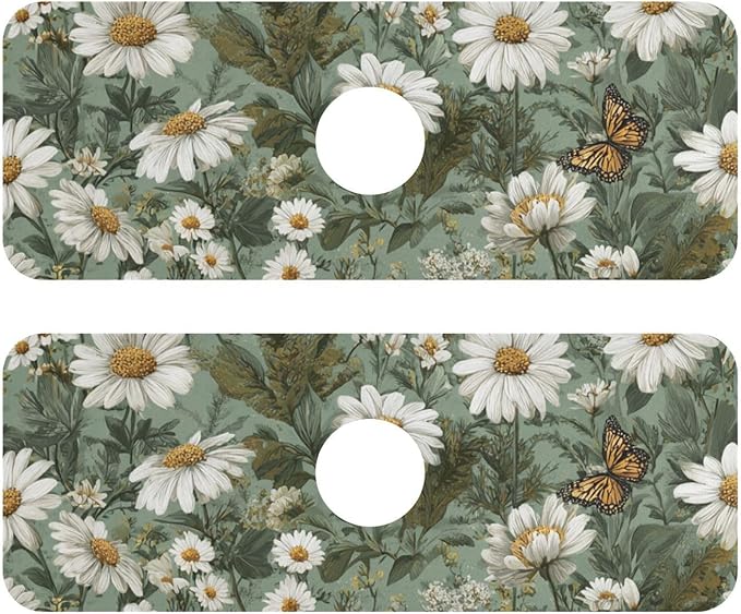 Kitchen Sink Splash Guard 2 PCS 14.7 Inch Sink Faucet Mat Splash Guard for Bathroom Countertop Water Absorbent Foldable Cuttable Soft Washable Summer Daisy Butterfly Green