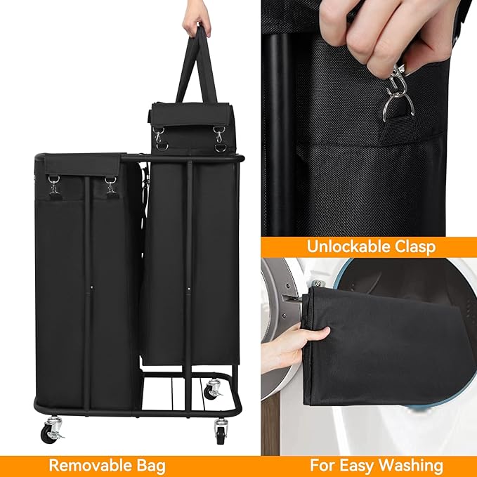 WOWLIVE Double Laundry Hamper with Wheels 170L Rolling Laundry Basket Organizer Laundry Cart with Steel Frame and Removable Bags Large Dirty Clothes Hamper Dorm Room Storage for Bedroom (Black)