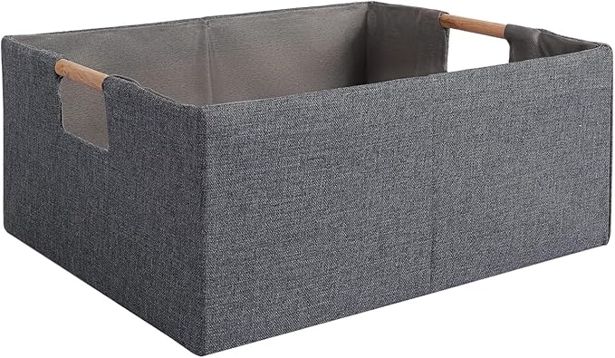 Fabric Storage Bin Box Foldable Cotton Linen Storage Basket with Wooden Handles Rectangular Cube Decorative Home Laundry Organizer Clothes Blanket Container - Grey, Small