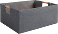 Fabric Storage Bin Box Foldable Cotton Linen Storage Basket with Wooden Handles Rectangular Cube Decorative Home Laundry Organizer Clothes Blanket Container - Grey, Small