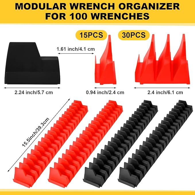 Chunful 100 Pcs Modular Wrench Organizer Holder Wrench Tool Organizers Storage Racks Set with Metric & SAE Label for Tool Box Drawer Storage for Father Brother Professional Mechanics Men (Black,Red)