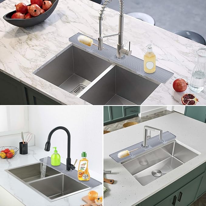 LVJING 33 inch Sink Splash Guard Mat, Sink Faucet Drying Mat, Silicone Faucet Handle Drip Catcher Tray, Longer Silicone Sink Mat for KitchenBathroom, Drip Protector Splash Countertop (Grey)