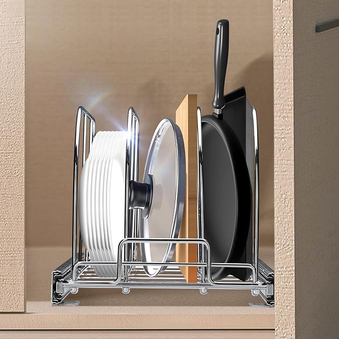 VEVOR Pan and Pot Rack, Expandable Pull Out Under Cabinet Organizer, Cookie Baking Pans tray Organization, Adjustable Wire Dividers, Steel Lid for Kitchen Cabinet & Pantry, 8.5"W