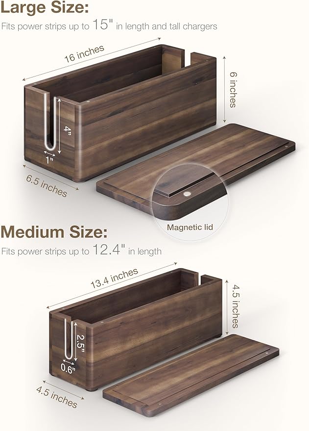 Acacia Large Cable Management Box - Set of 2 Cord Box Hider for Office - Cable Hider Box, Surge Protector Box for TV Wires, Desk - Power Strip Box with 2 Open Slots, Magnetic Lid (Walnut color)