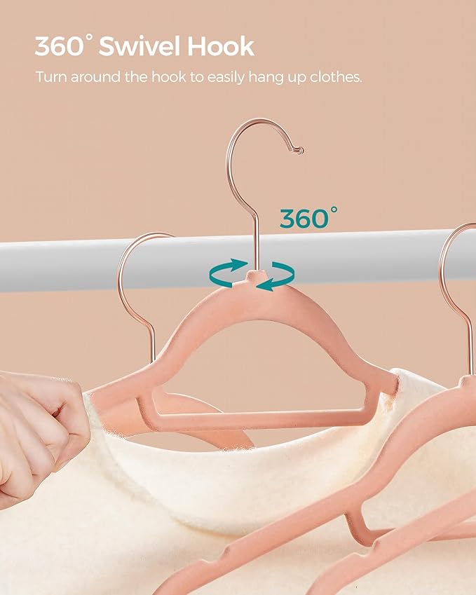 SONGMICS Velvet Hangers, Set of 60 Clothes Hanger with Rose Gold Swivel Hook, Non-Slip, and Space-Saving, 0.2-Inch Thick, 17.1-Inch Long for Coat, Shirt, Dress, Pants, Tie, Coral Pink UCRF0021R01