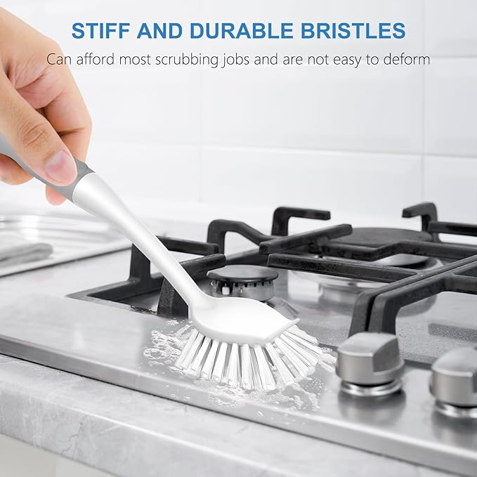 SetSail Dish Brush with Handle, 3 Pack Stiff Bristles Dish Scrubber with Built-in Scraper Dish Scrub Brushes for Cleaning Dishes, Pots and Pans, Kitchen Sink, 3 Pack, Grey White