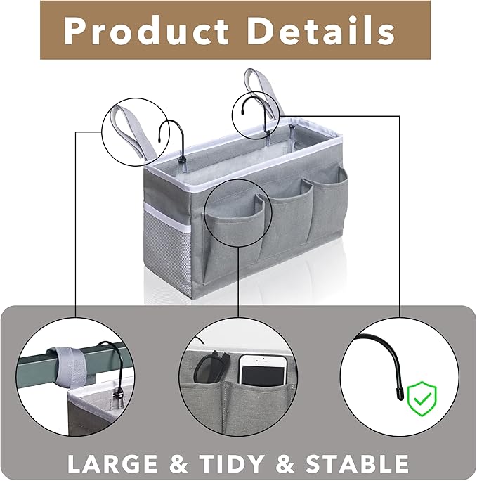 Kanrichu Beside Caddy Storage Organizer, Hanging Bag Holder with Pockets for Bedroom, Loft Bed Tent, Bed Curtain, Top Bunk bed Shelf Accessories Bedside Caddy 3-pocket (Gray_1pcs)