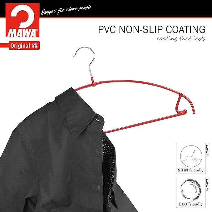 Mawa by Reston Lloyd Euro Ultra Light/Thin Series, Non-Slip Space Saving Clothes Hanger with Bar & Hook for Pants and Skirts, Style 42/PTU, Set of 130, Red