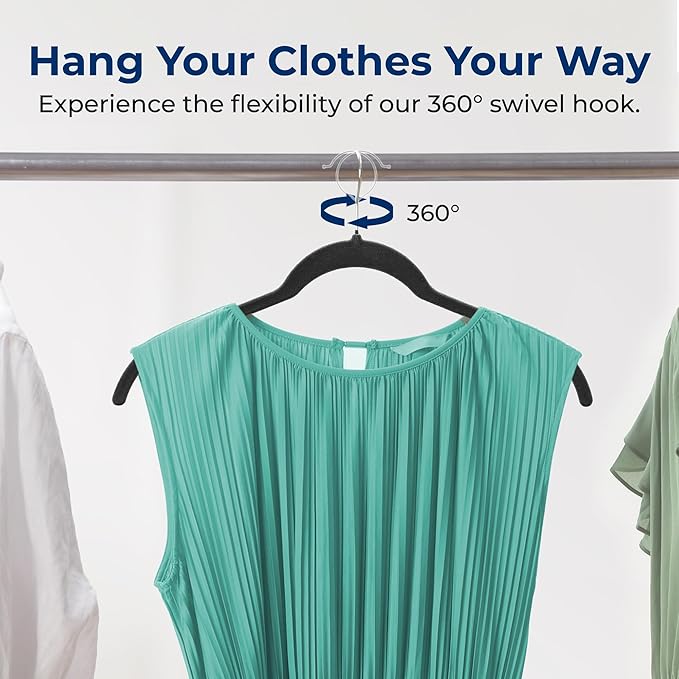 SereneLife 100 Pack Shirt Hangers, Heavy Duty Non-Slip Velvet Hangers with 360° Swivel Hooks, Slim Space-Saving Design for Tops, Jackets, Blouses, & Strappy Dresses (Black)