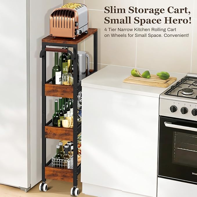 4 Tier Slim Rolling Cart with Wheels for Kitchen, Utility Narrow Storage Cart with Wood Top& Wood Handle for Small Space, Skinny Metal Organization Trolley Laundry Slim Storage Cart 7.9"