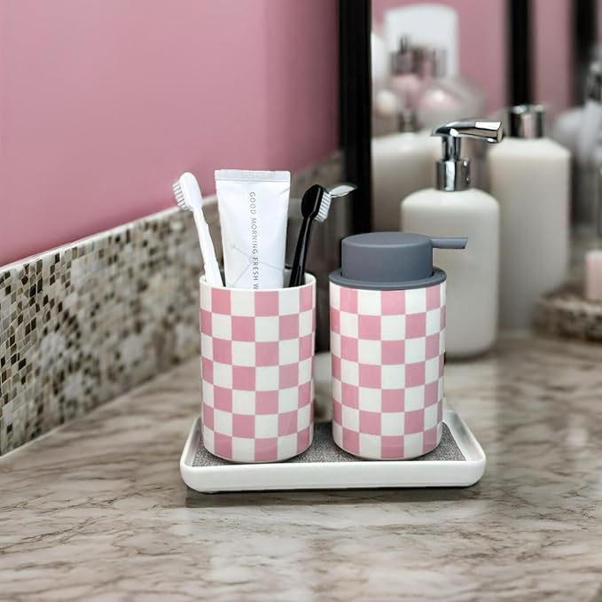 Pink Toothbrush Holder and Soap Dispenser Set, Ceramic Bathroom Accessory Set, Girly Bathroom Accessories Sets, Modern Cute Bath Room Decor for Girls Women-Checkered Pattern