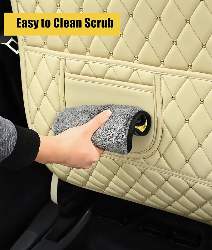 Leatherette Car Seat Protector - 2 Pack Large Car Kick Mats with Storage Pockets Organizer Seat Back Cover Against Dirty Shoes & Scratches, Universal Fit for Most Vehicles, Beige
