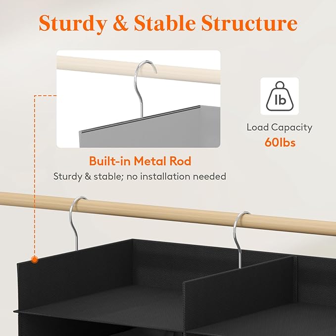 Lifewit Dual-Row Shelf Hanging Closet Organizer and Storage, Clothes Shelves with 3 Sturdy Hooks for Clothing Organization, Foldable Container Hold Up to 36 Sweaters, 6 Tier 12 Sections, Black