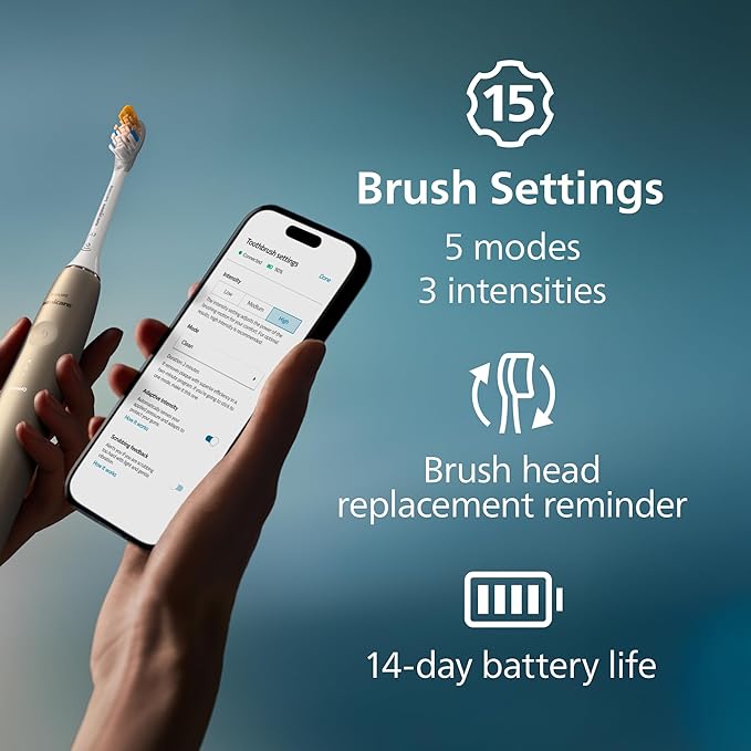 Philips Sonicare DiamondClean 9900 Prestige Electric Toothbrush - with SenseIQ Technology and Advanced AI App, 5 Brushing Modes, 3 Intensity Levels, Charging Travel Case, Champagne, HX9990/11
