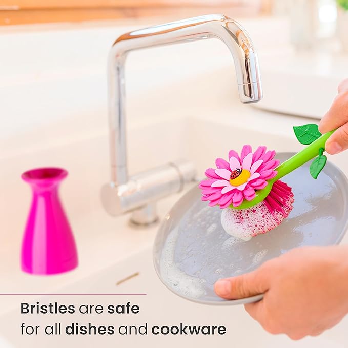 Vigar Flower Power Dish Brush with Handle and Vase Dish Brush Holder, Kitchen Scrub Brush for Pot Scrubber, Dishes, and Sink Cleaning, Pink, Green