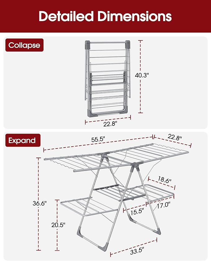 Sakugi Clothes Drying Rack, Foldable 2-Level Laundry Drying Rack with Height-Adjustable Wings, for Clothing & Bedding, Free-Standing Space-Saving Rack, Indoor & Outdoor, 55.5" L × 22.8" W, Gray