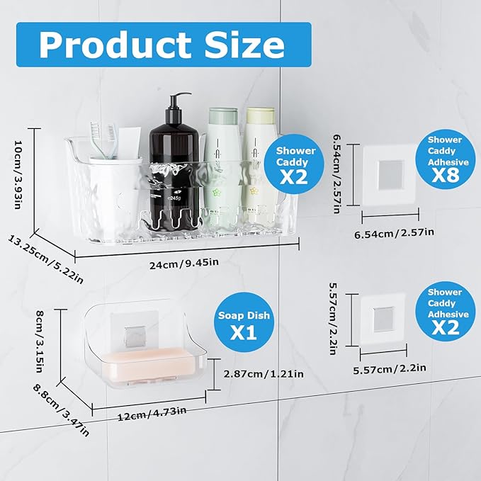 Lsnisni Shower Caddy Acrylic 3 Pack, Adhesive Clear Shower Organizer, Plastic Bathroom Shelves with Self Adhesive Tape, No Drilling, Wall Mounted for Bathroom Storage & Kitchen