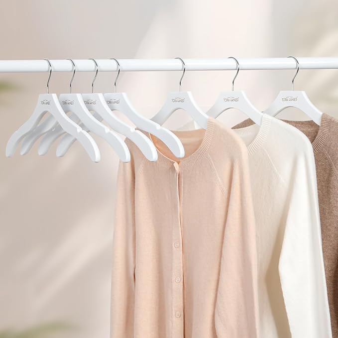 TOPIA HANGER Wooden Coat Hangers 24 Pack, Premium Wood Suit Sweater No Shoulder Bump Hangers, 360° Swivel Hook and Cut Notches Clothes Hangers for Sweater, Coat, Shirts, Hoodies, Dress, White CT85W