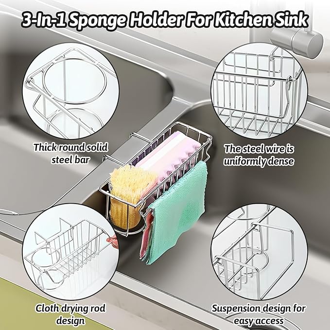 3-in-1 Sponge Holder for Kitchen Sink, Double Bowl Sinks Caddy, 304 Stainless Steel Hanging Sink Organizer & Accessories, Dish Cloth Drainer Basket Brush Soap Rack Silver