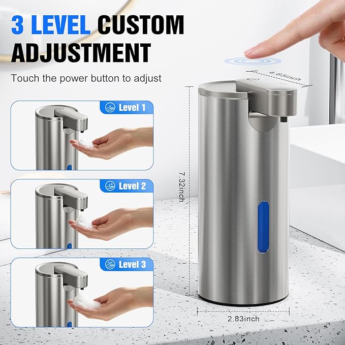Automatic Foaming Soap Dispenser Touchless, Stainless Steel 11.5 oz 3 Levels Adjustable Hand Soap Dispenser with Rechargeable Sensor Pump for Kitchen & Bathroom Liquid Soap,Gray