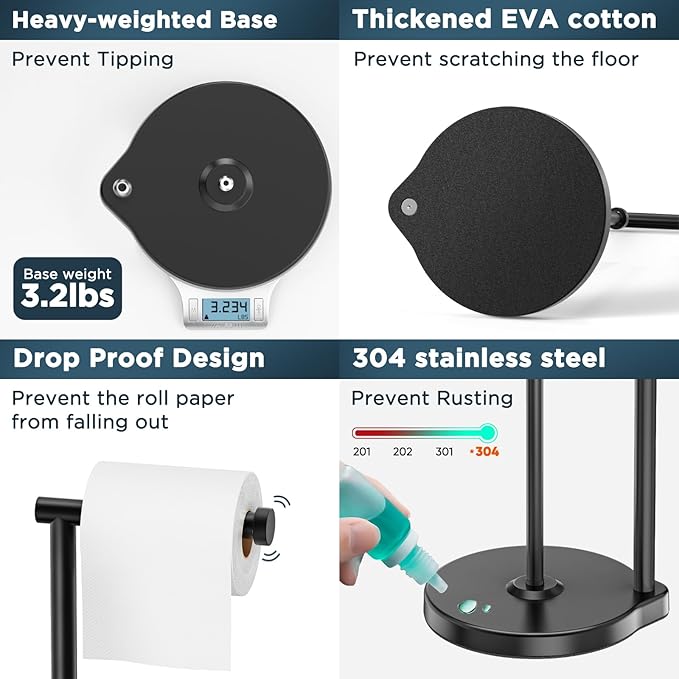 theaoo Heavy-Duty Toilet Paper Holder Stand – Modern Freestanding Bathroom Toilet Tissue Paper Roll Holder with Reserve & Storage, Stainless Steel (Black, Free Standing)