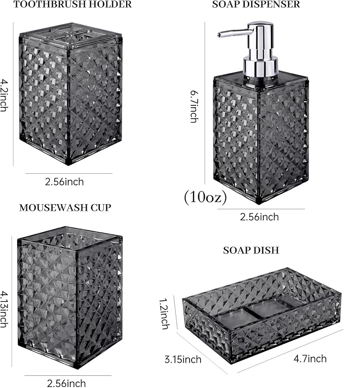 Bathroom Accessory Set, Grid Pattern 4 Pcs Plastic Bathroom Set Include Soap Dispenser, Soap Dish, Toothbrush Holder, Mousewash Cup, Modern Bahtroom Décor Set, Space Save for Bathroom((Grey)