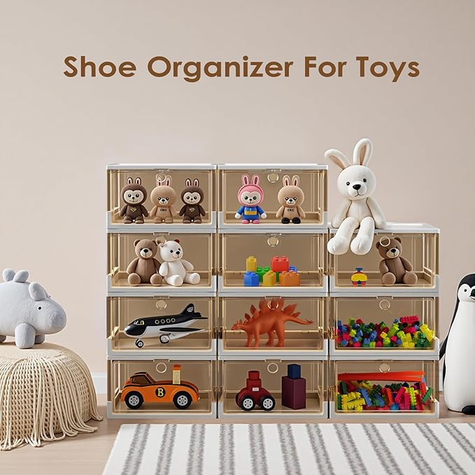 Thicken & Sturdy Clear Shoe Boxes with Magnetic Door, 3 Pack Stackable Multi-functional Shoe Storage, Shoe Organizer for Closet, Space Saving, 360 ° Dustproof & Moisture-proof, Fits Up to US Size 13