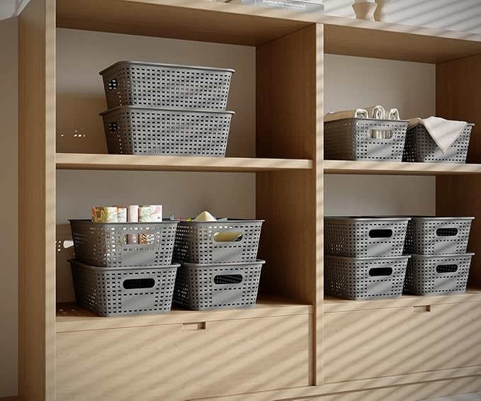 6-Pack Plastic Storage Bins with Lids, Stackable Organizer Baskets & Containers for Pantry, Kitchen, Cabinet, Closet, Bathroom Organization Toys, Space Saving, Easy-Carry Handles,Gray