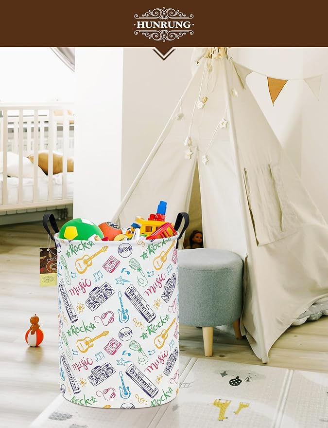 HUNRUNG Laundry Hamper,Large Canvas Fabric Lightweight Storage Basket Toy Organizer Dirty Clothes Collapsible Waterproof for College Dorms（Round-Musical instrument）