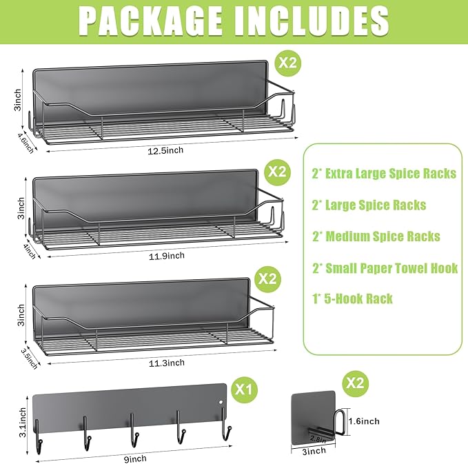 Magnetic Spice Rack for Refrigerator, 9 Pack Magnetic Fridge Shelves W/Adjustable Paper Towel Holder, Hook Rack, Moveable Spice Organizer Shelf for Kitchen Organization and Storage (Black)