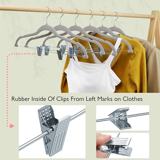 ManGotree Pants Hangers with Movable Clips, Non-Slip Velvet Skirt Hangers, Space-Saving Clothes Hangers for Pants, Skirts, Shirts, Coats, Dresses (18 Pack, Grey)