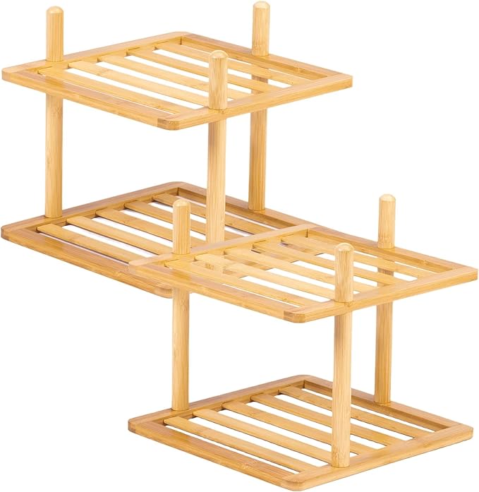 2Pcs 2-Tier Cabinet Organizer Shelf - Bamboo Corner Rack for Kitchen Counter, Cabinet Space Saver for Plates, Dishes, Bowls, Bread - Pantry and Bathroom Storage or Countertop (2, 6.7"H-Large)
