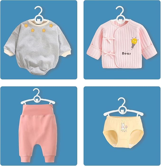 HGYZE Baby Hangers for Closet 50pcs, White Kids Clothes Hanger Plastic, 11-14" Adjustable Bulk Perchas for Newborn, Non-Slip Children Outfit Bear Hanger for Girl Boy Toddler Infant Nursery Clothing