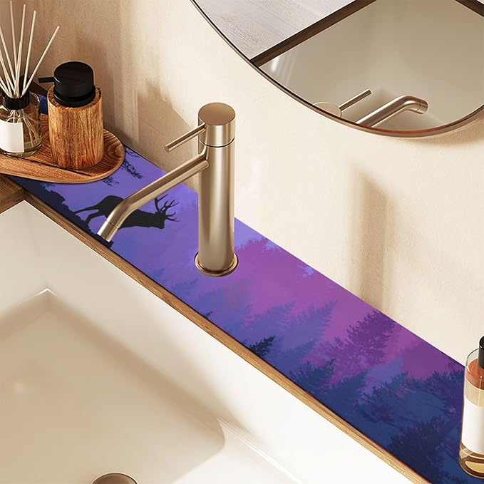 Kitchen Sink Splash Guard 1 PC 30 Inch Sink Faucet Mat Splash Guard for Bathroom Countertop Water Absorbent Foldable Cuttable Soft Washable Purple Stag Mountains and Forest