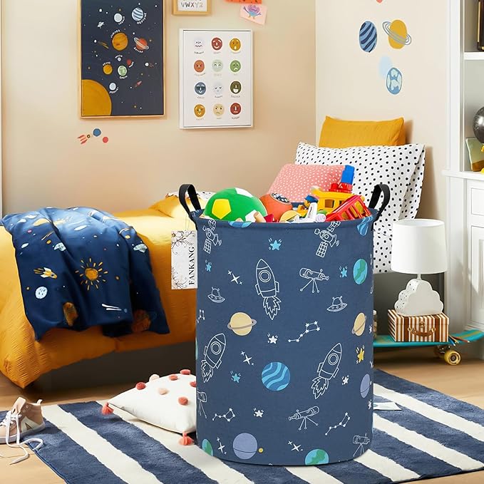 FANKANG Storage Basket, Nursery Hamper Canvas Laundry Basket Foldable with Waterproof PE Coating Large Storage Baskets for Kids Boys and Girls, Office, Bedroom, Clothes,Toys（Colorful Space ）
