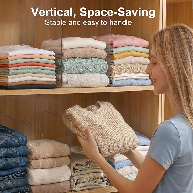 Shelf Dividers for Closet Organization: 12" Tall x 12" Deep, Taller Adhesive Separators Features Acrylic Material and Provides Storage for Clothes and Purses in Bedroom Cabinets(8-Pack)