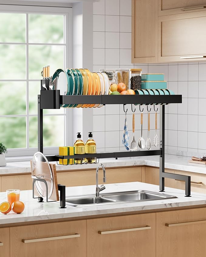 Over The Sink Dish Drying Rack, Expandable 2-Tier Stainless Steel Kitchen Storage Organization Accessories for Countertop, Rustproof & Space-Saving, 30"–34.5" L x 12" W x 25" H, Black